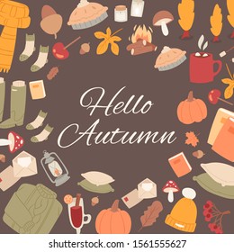 Hello autumn vector set of fall cute objects. Sweater, falling leaves, mushroom, pumpkin and woolen socks. Collection of autumn season elements. Dark background for harvest time, greeting card.