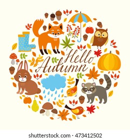 Hello, Autumn. vector set, forest animals. fox, raccoon, rabbit, owl, bird. defoliation and harvest, pumpkin, pear, apple, acorns, mushrooms, berries. bad weather, clothing for rain