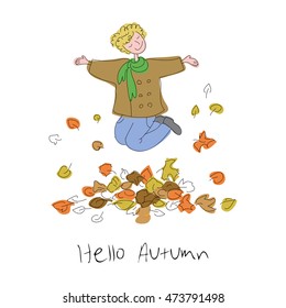 Hello Autumn vector sketch with girl and leaves. Vector illustration