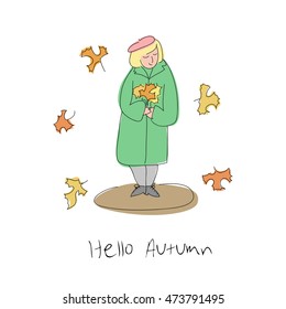 Hello Autumn vector sketch with woman and leaves. Vector illustration