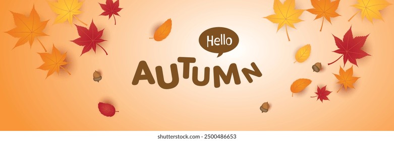 Hello Autumn vector template design with falling leaves. Vector illustration