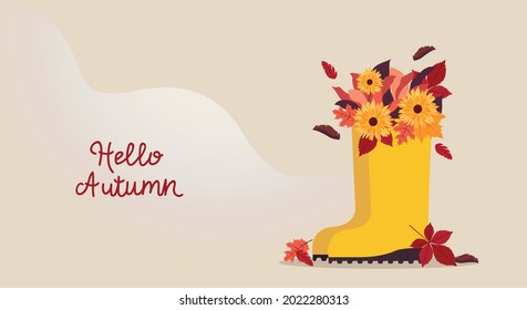 Hello autumn. Vector template for posters and banners with copy space Yellow boots with autumn bouquet on wavy beige backdrop. Flat design