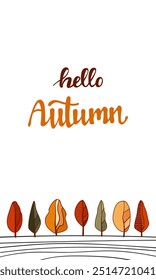 Olá, Autumn. Banner vertical com floresta de outono e linhas de tinta. De volta à escola. Lugar para colocar texto, publicidade, promoção, descontos.