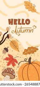 Hola otoño Vertical flyer Plantilla, dibujado a mano, patrones de otoño