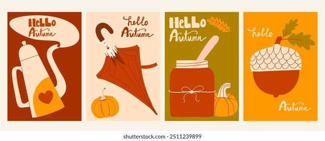 Hello Autumn vertical posters set with handwritten season slogan. Fall covers collection. Vector templates. 