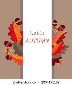 Hello, autumn. Vertical white stripe with a phrase decorated with autumn oak leaves and acorns.  Design for greeting card, advertising poster, flyer, web banner, invitations, anniversaries.
