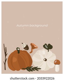 Hello, Autumn. Autumn vibe. Vector background with flat hand drawing autumn symbols in pastel shades. Fall. Abstract background with place for text for banners, posters, cover design templates