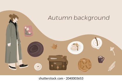 Hello, Autumn. Autumn vibe. Vector background with flat hand drawing autumn symbols in pastel shades. Fall. Abstract background with place for text for banners, posters, cover design templates