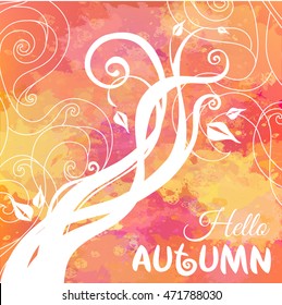 Hello Autumn. Watercolor Abstract Autumn Background. Free place for your text. Plant with swirls. Vector colorful nature illustration. EPS-10