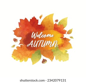 Hello autumn, Watercolor effect autumn leaves, fallen leaves, maple leaves illustration