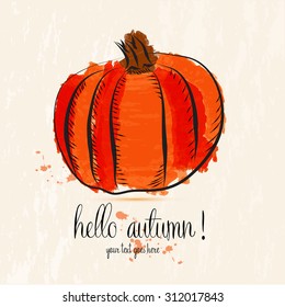 Hello Autumn! watercolor hand drawn pumpkin vector background