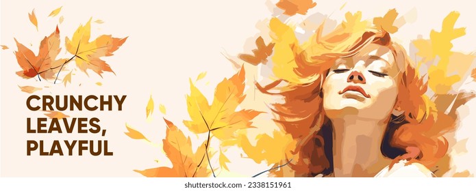 Hello Autumn. Watercolor portrait of a happy girl and flying autumn leaves on the background.