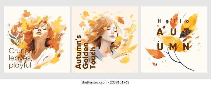 Hello Autumn. Watercolor portrait of a happy girl and flying autumn leaves on the background.