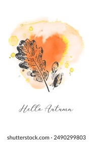 Hello Autumn. Watercolor vector abstract illustration with oak leaf. Illustration in the form of a orange heart. Nature design with leaves, drops and splashes for print, banner, greeting card