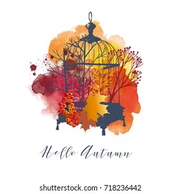 Hello Autumn. Watercolor vector background of bird cage with autumn leaves.