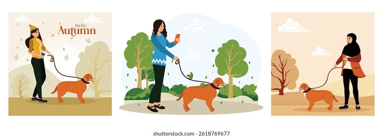 Hello autumn. Woman walking her dog in a beautiful park while using her smartphone. Woman walking with cloudy sky view. Set flat vector illustration.