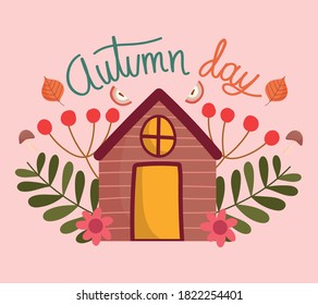 hello autumn wooden cottage berries fliage flowers nature card vector illustration