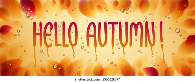 Hello autumn word drawn on a window, yellow and red leaves and water rain drops or condensate macro, vector 3d realistic transparent illustration, fall nature beautiful art.