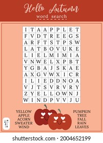 Hello Autumn word search.  Logic game for learning English words. Holiday festive crossword. Printable activity worksheet. Vector illustration. 