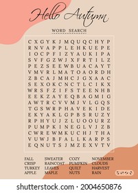 Hello Autumn word search puzzle for children or adults. Crossword game for learning English words fun. Suitable for social media post. Educational worksheet. 