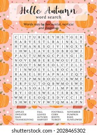 Hola rompecabezas de búsqueda de palabras de otoño. 16 palabras temáticas del otoño para encontrar.  Juego educativo para niños. Palabra clave para aprender palabras en inglés. Ilustración del vector