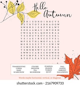 Hello Autumn word search puzzle for children or adults. Crossword game for learning English words fun. Suitable for social media post. Educational worksheet. 