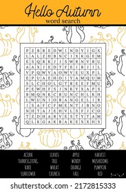 Hello Autumn word search puzzle for children or adults. Crossword activity printable game for learning English words. Suitable for social media post. Educational worksheet. Learning seasons.