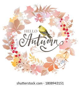 Hello autumn wreath with colorful leaves, berries and bird. Vector illustration.