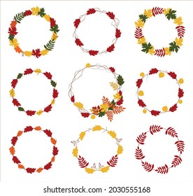 Hello Autumn wreath, round frame with colorful leaves set, berries on white backgrond. Good for poster, banner, greeting card, template, design.
Hand drawn vector illustration. Warm colors. Floral