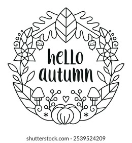 Hello autumn wreath vector line drawing illustration