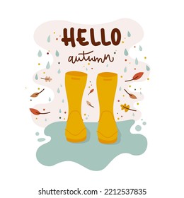 Hello autumn. Yellow rubber boots in a puddle. Falling leaves and rain. Vector illustration, flat design