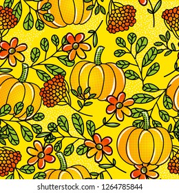 Hello autumn. Yellow seamless pattern with pumpkin, leaves, flowers and berries. Pop art background with fruits and nature elements.