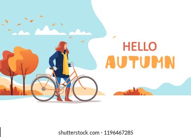 Hello autumn. Young female walking with bicycle in a park. Healthy lifestyle and recreation leisure activity. Vector illustration.