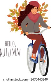 Hello, Autumn. Young girl riding a bike with a basket of maple and oak leaves. Cute flat vector hand-drawn cartoon illustration on white background.
