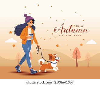 Hola otoño. joven caminando con perro. Diseño abstracto de la Ilustración vectorial de la historieta