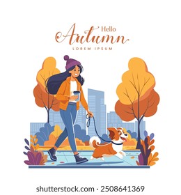 Hello Autumn. young girl walking with dog. Cartoon abstract vector illustration design