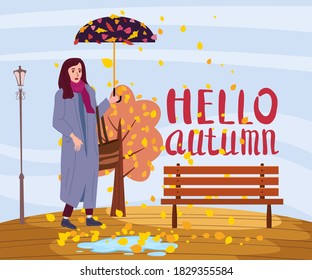 Hello Autumn Young woman in the autumn park city with umbrella, trendy clothes street fashionable style, lettering, fall mood. Trendy vector style isolated