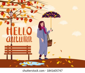 Hello Autumn Young woman in the autumn park city with umbrella, trendy clothes street fashionable style, lettering, fall mood. Trendy vector style isolated