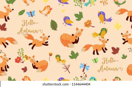Hello autumn.Cute foxes with Little birds with flower and leaves.Hello autumn text design with cute animals.Seamless pattern.for fabric,print,banner,background.vector illustration.
