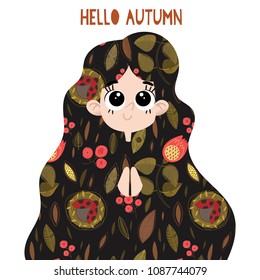 Hello Autumn.Cute girl and flowers vector design.Children illustration for greeting card,print, T-shirt and more.