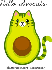 Hello Avocato text. Cute cartoon avocado with cat muzzle, ears and tail. Vector isolated