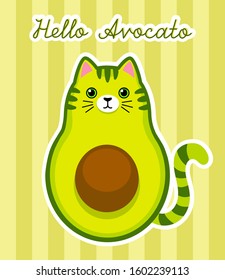 Hello Avocato text. Cute cartoon avocado with cat muzzle, ears and tail on green striped background. Vector seamless pattern