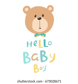 Hello baby boy card with cute bear - vector illustration