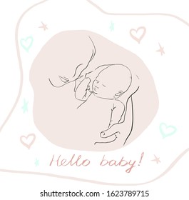Hello baby. Colorful greeting card. Mother carrying her sleeping baby. Happy maternity. For cards,  posters.   Napping Newborn on the hand. Modern design. 