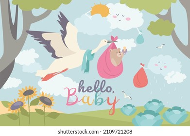 Hello baby concept background. Stork carries baby bear cub in pink blanket and flies in sky with smiling clouds. Newborn kid greeting, baby shower holiday. Vector illustration in flat cartoon design