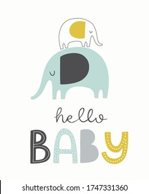 Hello Baby. Cute elephant baby shower invitation card. Hand drawn lettering in cut out Scandinavian style. Nursery poster, kids room decor, apparel, clothing. 
 