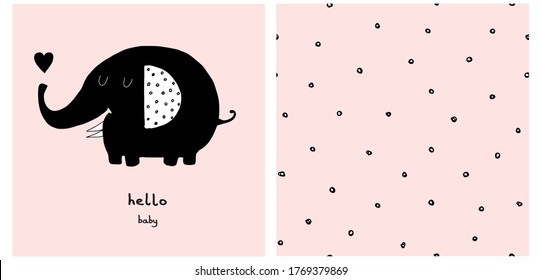 Hello Baby. Cute Hand Drawn Black Funny Elephant Vector Illustration and Seamless Dotted Pattern. Lovely Nursery Art with Shy Baby Elephant on a Light Pink Background.Kids Room Decoration.