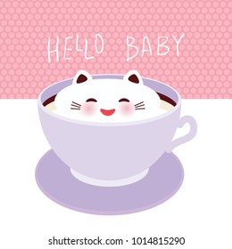 Hello baby. Cute Kawai cat in lilac cup of froth art coffee, isolated on white pink polka dot wall background. Latte Art 3D. milk foam top on the cup of hot coffee or chocolate. Vector illustration