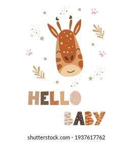 Hello, Baby - cute nursery decor design. Vector illustration.