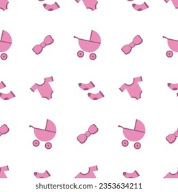 Hello baby, girl, seamless pattern, vector. Stroller, bodysuit for baby, socks for baby, bow. pink color.